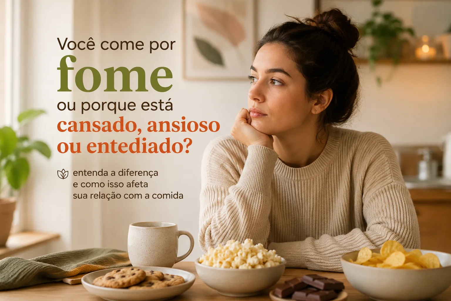 Imagem de capa para o artigo sobre fome emocional, cansaço, ansiedade, tédio e relação com a comida.