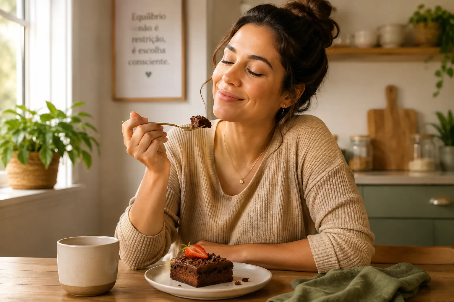 Mulher aproveitando uma sobremesa em uma cozinha acolhedora, representando uma relação equilibrada e prazerosa com a alimentação.