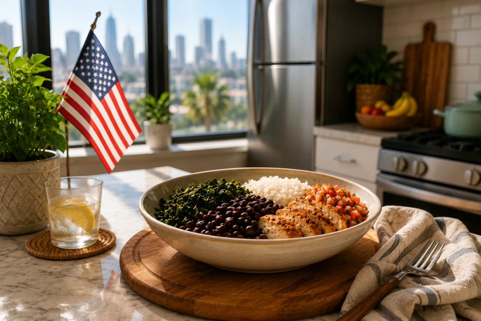Capa editorial otimizada para post sobre alimentação de brasileiros que moram nos Estados Unidos.