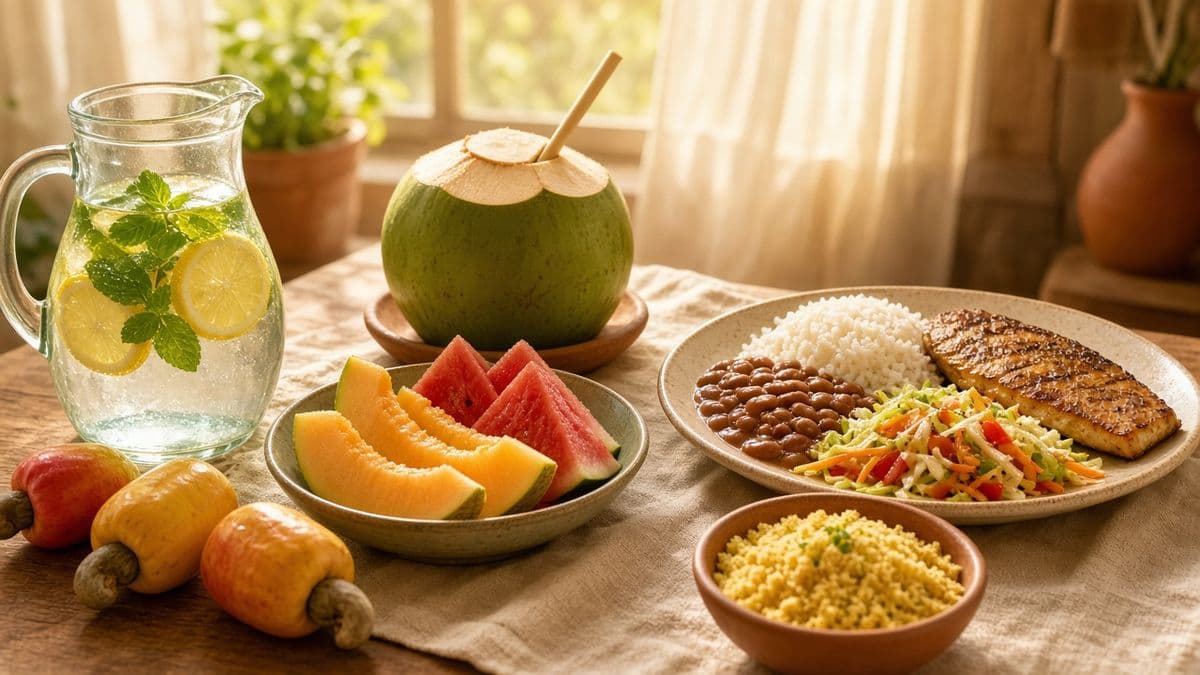 Mesa de cozinha iluminada pelo sol da tarde com jarra de água com limão e hortelã, coco verde, melão e melancia fatiados, cajus, um prato de arroz, feijão, peixe grelhado e salada, e uma tigela de cuscuz.