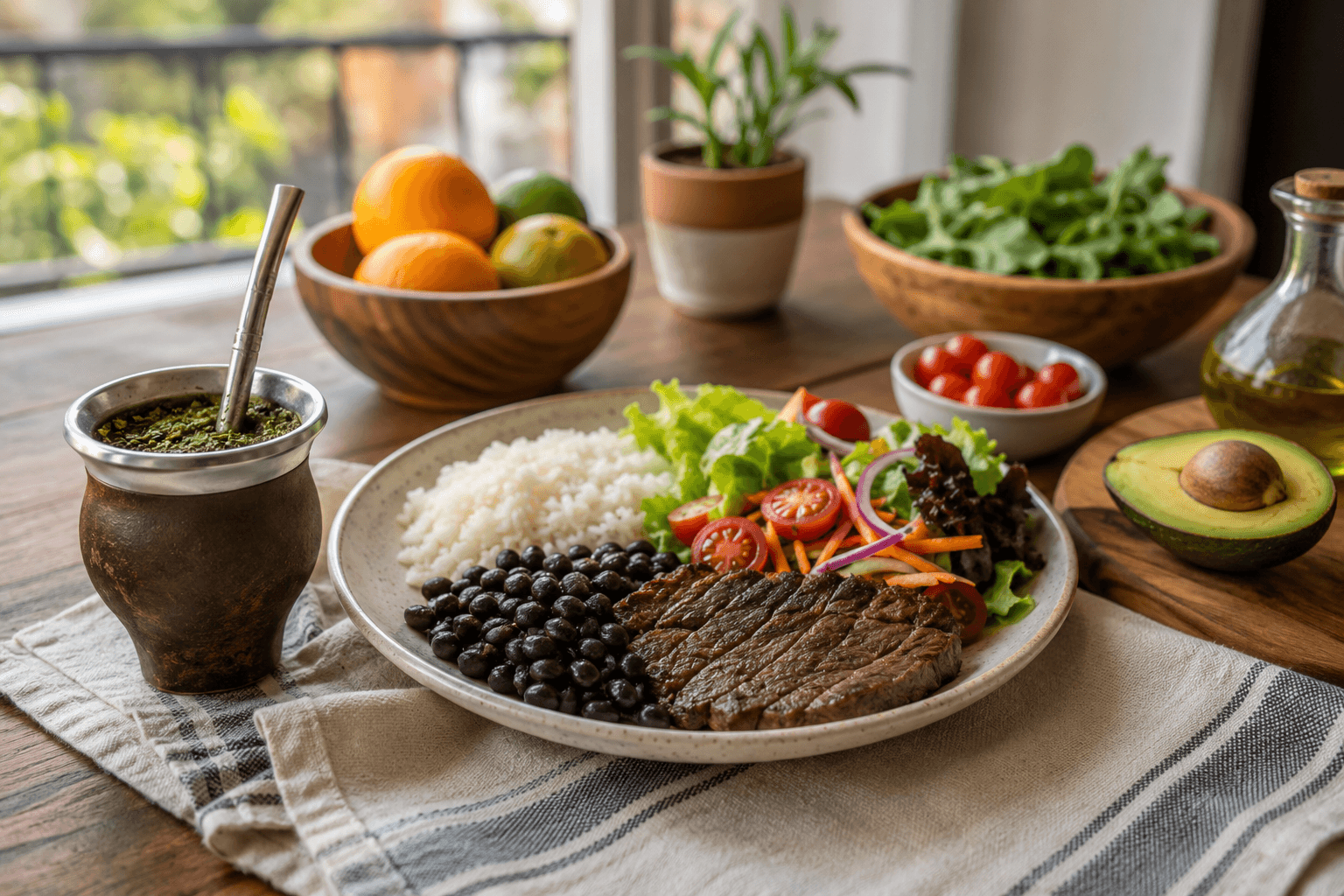 Imagem de capa do artigo sobre alimentação de brasileiras vivendo na Argentina, com refeição brasileira e mate.