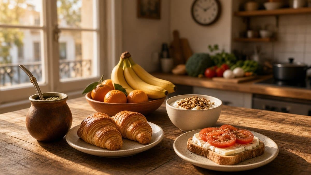 Mesa de madeira perto da janela com cuia de mate, medialunas, frutas, iogurte com granola e torrada com queijo e tomate, com a cozinha ao fundo à luz do fim da tarde.