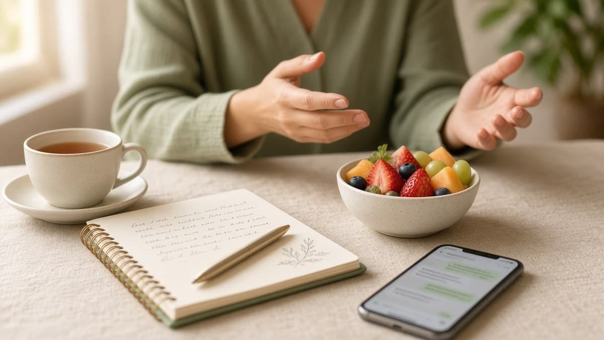 Mesa de consulta com caderno de anotações, xícara de chá, tigela de frutas e celular com conversa, enquanto a nutricionista explica com as mãos.