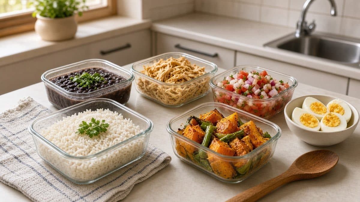 Potes de vidro com arroz, feijão, frango desfiado, vinagrete, abóbora assada e ovos cozidos numa bancada de cozinha.
