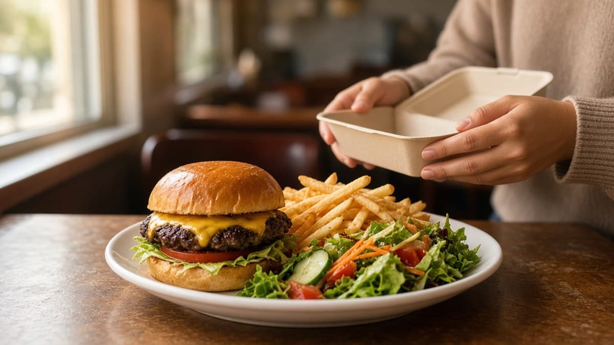 Prato grande de restaurante americano com hambúrguer, batatas fritas e salada, ao lado de uma embalagem para viagem, numa mesa iluminada por luz natural.
